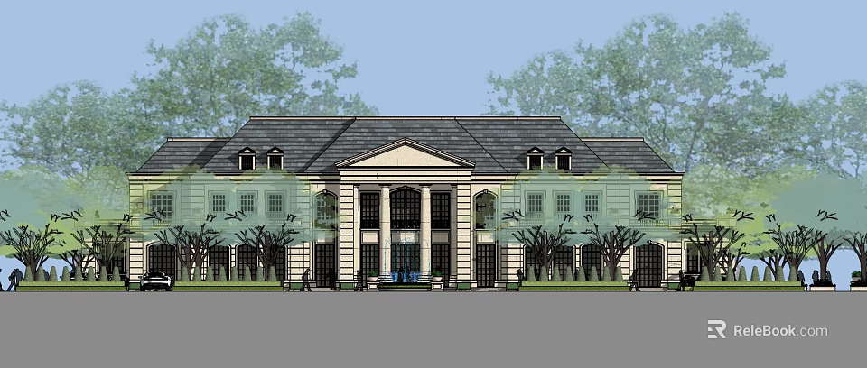 Classical Single Family Villa With Black Roof White Facade Grand Columns And Surrounding Trees 3d model 