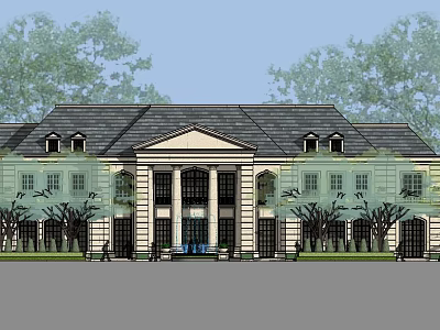 Classical Single Family Villa With Black Roof White Facade Grand Columns And Surrounding Trees 3d model