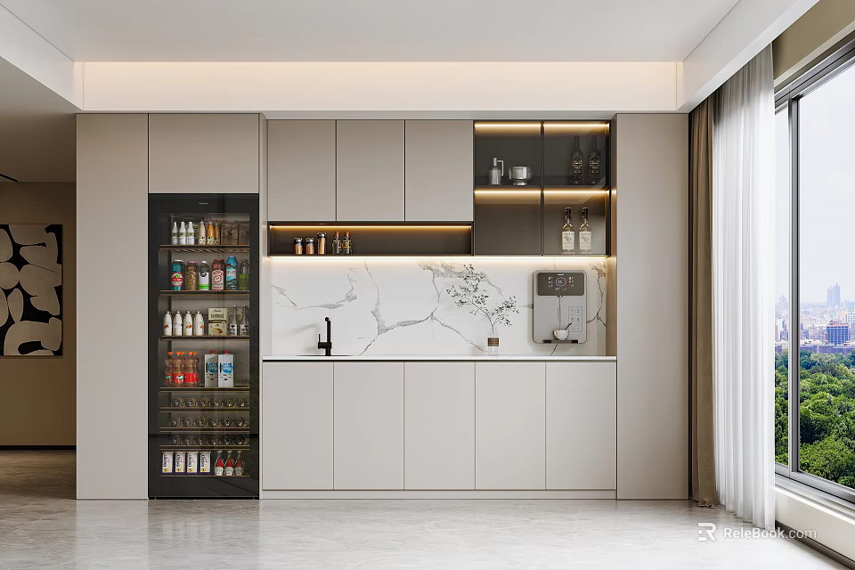 Modern Buffet Cabinet Design With White Cabinets Marble Countertop And Open Shelves 3d model 