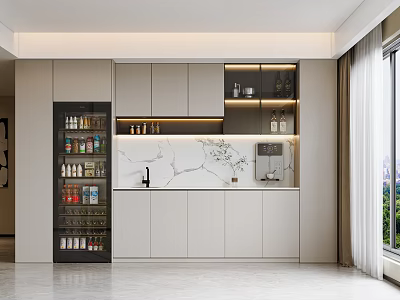 Modern Buffet Cabinet Design With White Cabinets Marble Countertop And Open Shelves 3d model