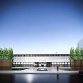 Modern Sales Office Building With Wooden Beams Vertical Slats And Columned Entrance
