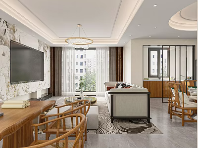 Modern Living and Dining Room Interior With Large TV Sofa Curtains Dining Table And Chairs 3d model