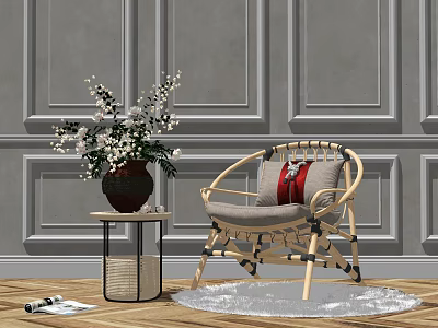 Rattan Leisure Chair With Light Gray Cushion Red Pillow And Flower Vase In Modern Room 3d model