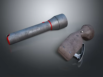 Metallic Gray Flashlight With Red Trim And Ergonomic Brown Leather Tool 3d model
