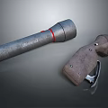 Metallic Gray Flashlight With Red Trim And Ergonomic Brown Leather Tool 3d model