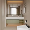 Modern Bathroom Interior With Beige Tiled Walls White Toilet Green Cabinets And Glass Shower