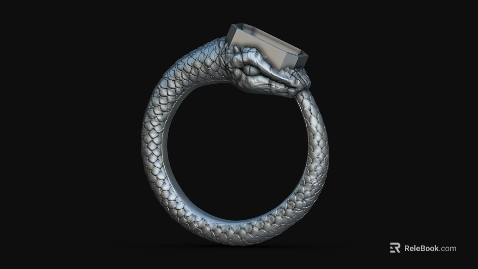 Elegant Silver Serpent Ring With Scaled Texture And Square Gemstone Design 3d model 
