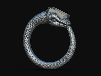 Elegant Silver Serpent Ring With Scaled Texture And Square Gemstone Design 3d model