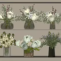 Different Style Vases With White Flowers And Green Foliage On Shelves Decor