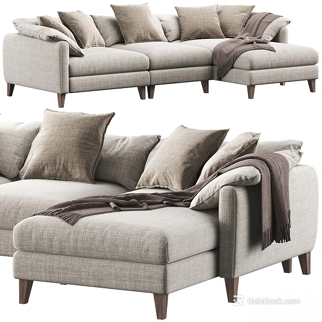 Two Seater Sofa with Linen Fabric Decorative Pillows Throw Blanket Wooden Legs and Modern Design 3d model 