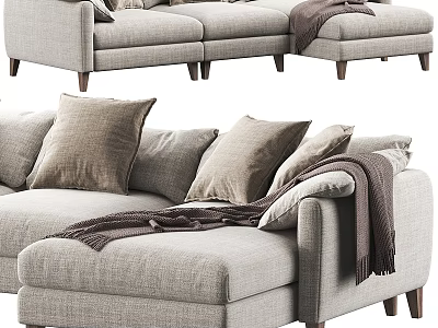 Two Seater Sofa with Linen Fabric Decorative Pillows Throw Blanket Wooden Legs and Modern Design 3d model