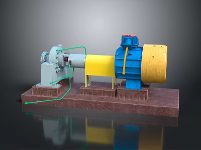 Industrial Mechanical Equipment With Gray Yellow Blue Components And Green Pipes On Brown Base 3d model