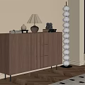 Wooden Console Table Sideboard with Table Lamp Decorative Items Beige Wall and Floor Lamp 3d model