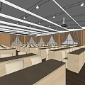 Large Conference Room With Arranged Tables Chairs Front Projection Screen Ceiling Lighting Wooden Walls