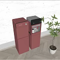 Modern Red Standing Water Dispensers With Green Plant Light Wall And Wooden Floor