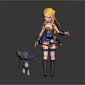 Blonde Girl In Blue And Yellow Dress With Gray Cat Wearing Blue Bow Tie