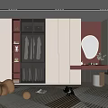 Modern Walk in Closet Interior Design With Hanging Clothes Wooden Shelves And Round Mirror