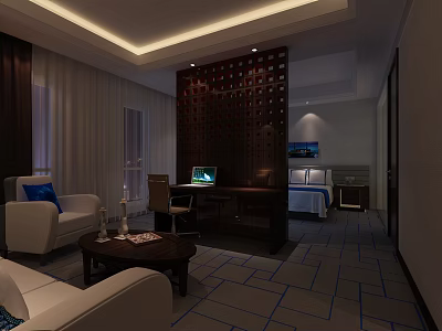 Hotel Guest Room Modern Interior With Comfortable Bed Sofa Work Desk And Lighting 3d model