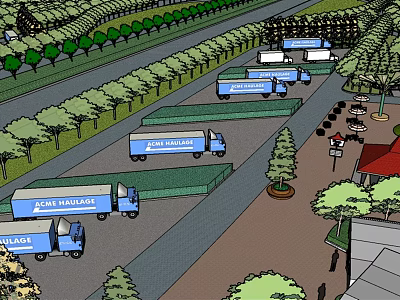 Blue ACN Transport Trucks Lined On Road With Green Trees And Buildings Nearby 3d model