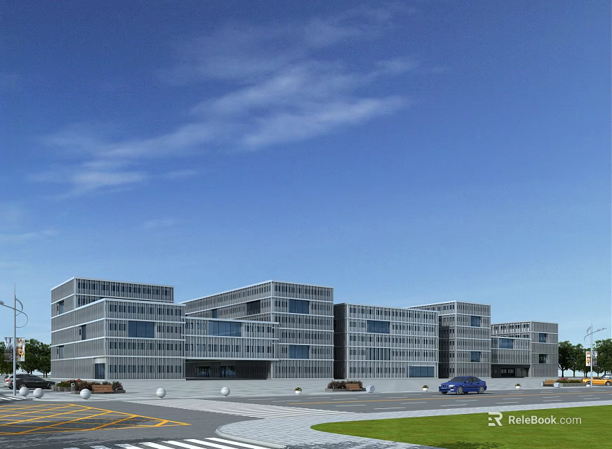 Modern Office Building Exterior With Glass Facade Multiple Floors Parking Area And Green Lawn 3d model 