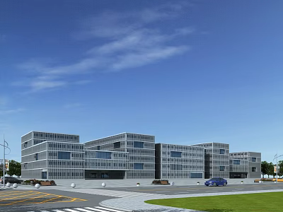 Modern Office Building Exterior With Glass Facade Multiple Floors Parking Area And Green Lawn 3d model
