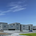 Modern Office Building Exterior With Glass Facade Multiple Floors Parking Area And Green Lawn