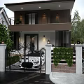 Two Story Modern Detached Villa Exterior With Balcony Front Gate And Greenery