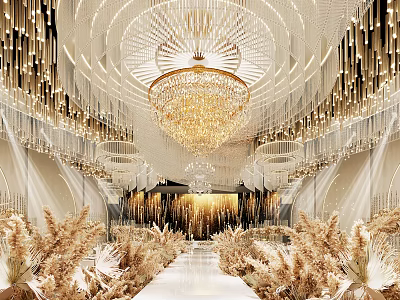 Luxurious Banquet Hall With Gold White Decor Elegant Chandeliers And Pampas Grass Aisle 3d model