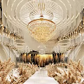 Luxurious Banquet Hall With Gold White Decor Elegant Chandeliers And Pampas Grass Aisle