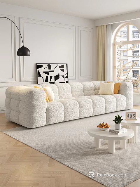 White Puffy Sofa Coffee Table Set With Yellow Beige Cushions Round Tables Fruits Books Plant 3d model 