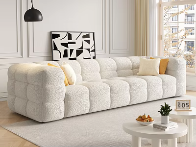 White Puffy Sofa Coffee Table Set With Yellow Beige Cushions Round Tables Fruits Books Plant 3d model