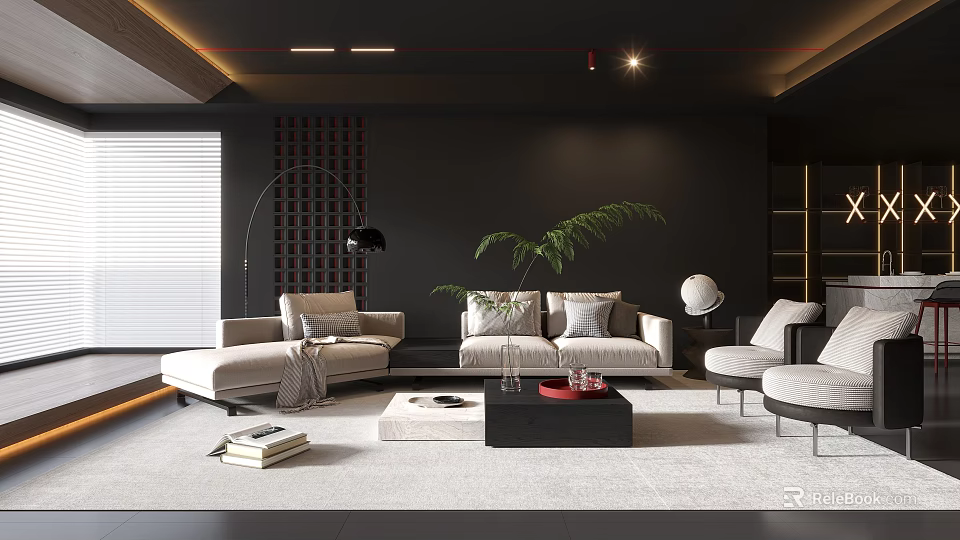 Modern Living Room With Dark Walls Light Sofas And Decor 3d model