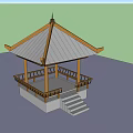 Outdoor Traditional Wooden Pavilion with Curved Eaves Roof and Stone Staircase Railings