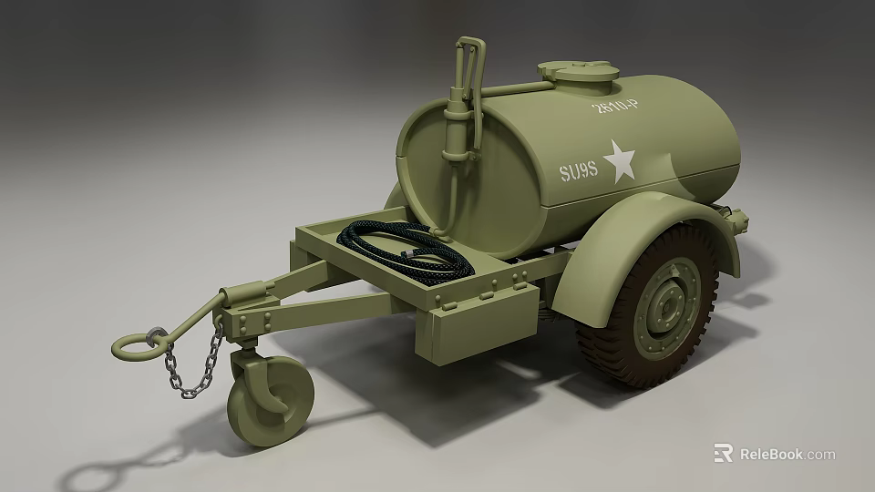 Swiss Military Green Fuel Trailer With White Star Chain And Hose 3d model 