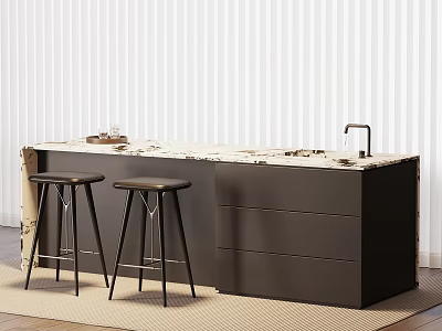 Modern Bar Counter With Marble Top Black Stools And White Blinds Background 3d model
