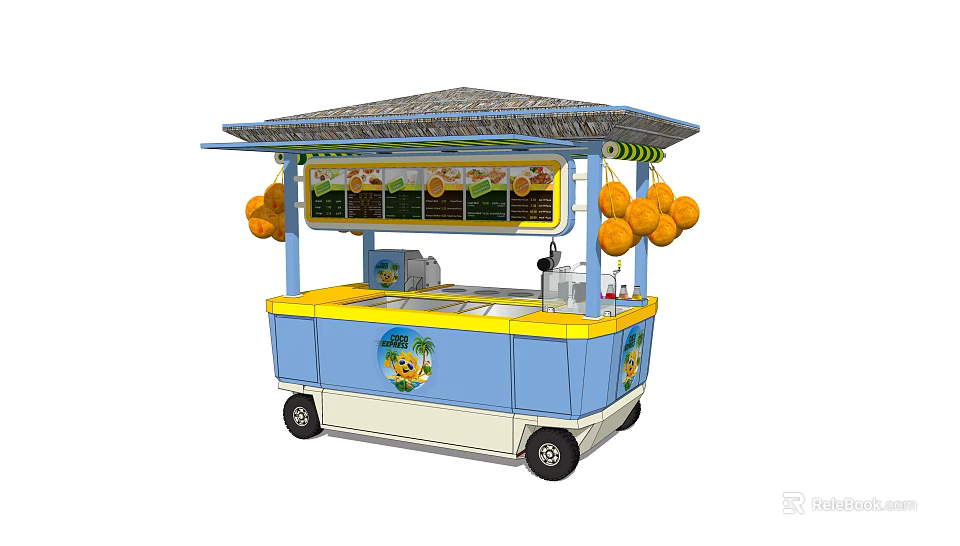 Blue And Yellow Food Cart With Canopy Roof And Orange Decorations 3d model 