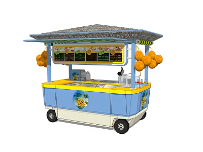 Blue And Yellow Food Cart With Canopy Roof And Orange Decorations 3d model