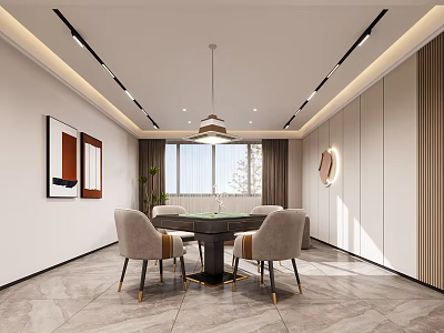 Hotel Mahjong Room Interior With Modern Design Mahjong Table Comfortable Chairs And Ceiling Lighting 3d model