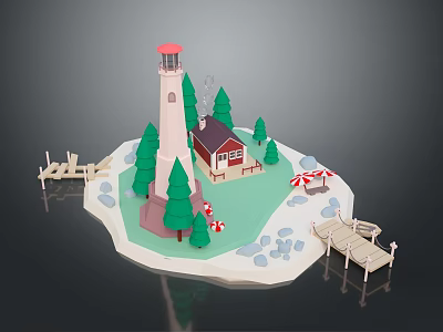Scenic Island Landscape With Lighthouse Red Top Pine Trees Small House Wooden Dock And Striped Umbrella 3d model