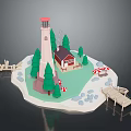 Scenic Island Landscape With Lighthouse Red Top Pine Trees Small House Wooden Dock And Striped Umbrella