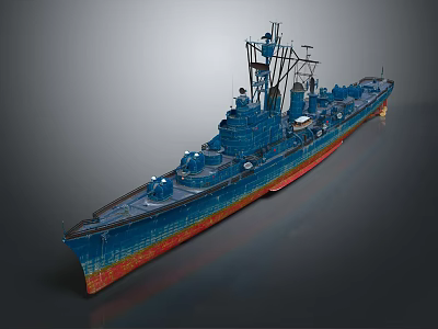 Detailed Blue Warship with Red Hull Turrets Mast and Deck Design Features 3d model