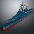 Detailed Blue Warship with Red Hull Turrets Mast and Deck Design Features
