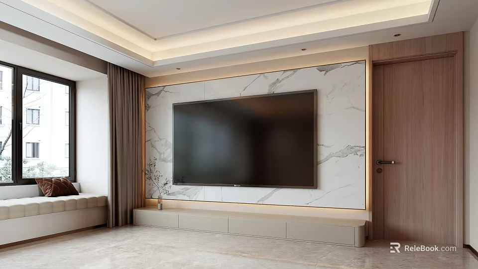Modern Living Room Interior Design With Large TV Marble Wall And Beige TV Stand 3d model 