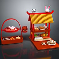 Red Toy Food Stall With Panda Rabbit Decorations And Bread Fruits Cakes In Basket