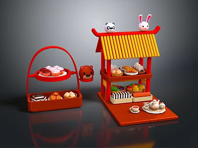 Red Toy Food Stall With Panda Rabbit Decorations And Bread Fruits Cakes In Basket 3d model
