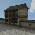 Traditional Ancient Chinese Building Featuring Two Story Wooden Structure Tiled Roof And Stone Walls