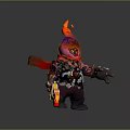Fiery Red Hooded Creature With Glowing Eyes Holding Large Orange Key Weapon