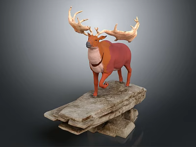 Realistic 3D Model Deer With Red White Body And Large Antlers On Stone 3d model