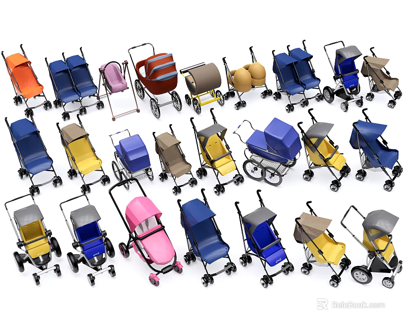 Variety of Colorful Baby Strollers In Different Styles And Designs 3d model 