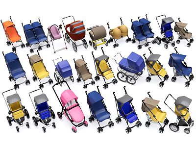 Variety of Colorful Baby Strollers In Different Styles And Designs 3d model